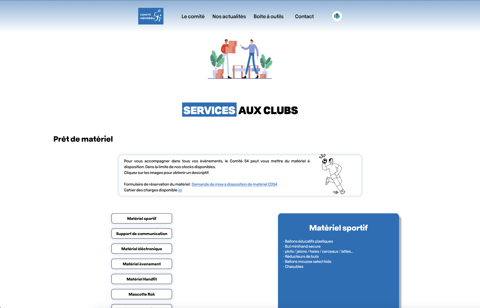 Page "service aux clubs" du comité 54 de handball